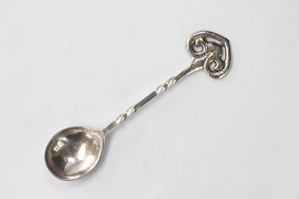 A Keswick School of Industrial Arts silver condiment spoon, with foliate finial, 1910,