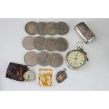 A silver cased pocket watch, Express English Lever, J G Graves, Sheffield, a vesta case,