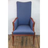 An Edwardian inlaid mahogany salon chair, with blue upholstery,