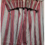 Four pairs of lined curtains, with striped upholstery in reds, gold and green,