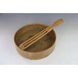 A French oak and ash soft cheese strainer, 34cm diameter, two terracotta whey strainers,