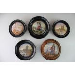 Five 19th century pot lids, including Garibaldi and three views of London, all framed,