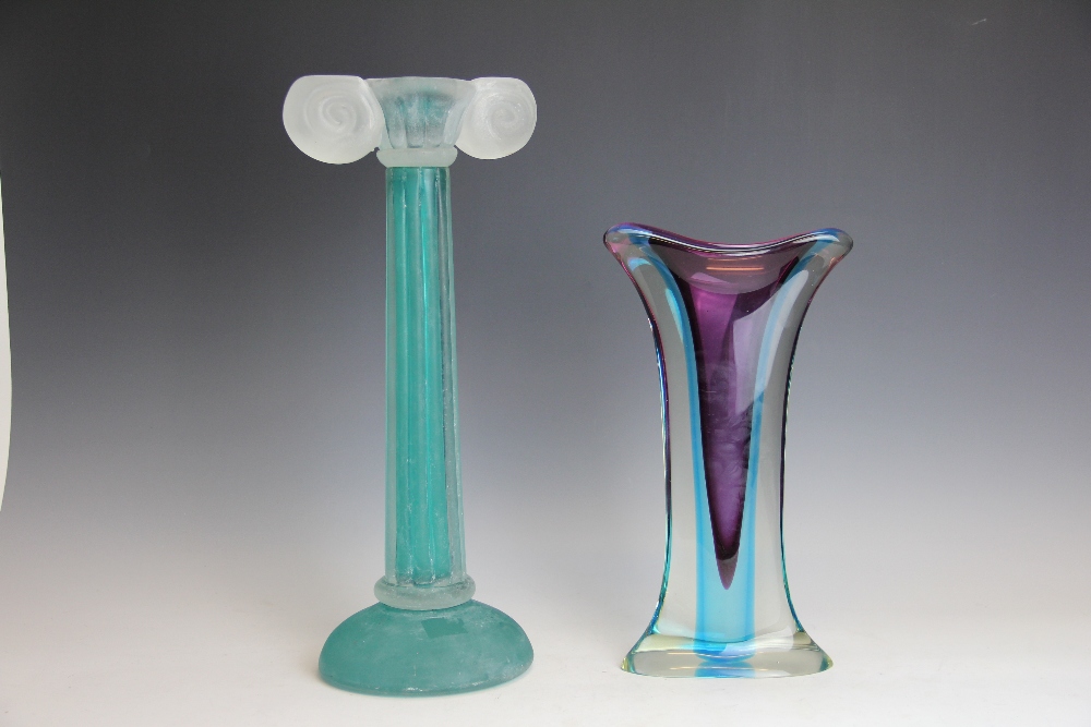 A large Murano Cenedese turquoise and frosted glass candlestick in the form of a collumn, 45.