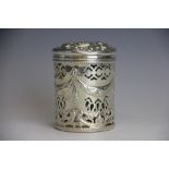 A silver cylindrical pierced jar and cover, Thomas Hayes, Birmingham 1900,