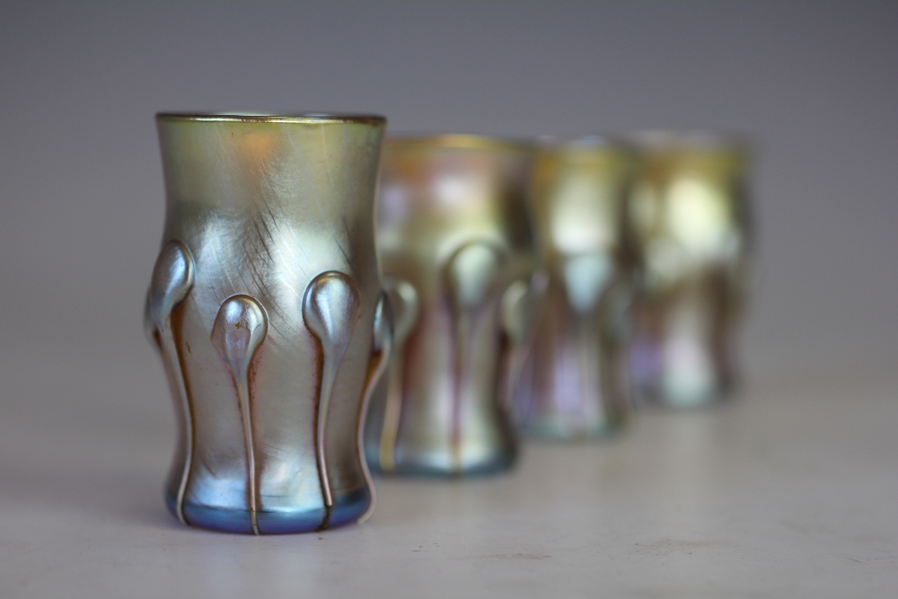 Four Tiffany Favrile iridescent glass liquor glasses, each with applied 'drip' glass detailing, - Image 2 of 2