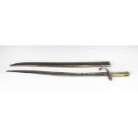 A French 1866 pattern 'Chassepot' sword bayonet and scabbard, brass and steel, number P49045, 71cm,
