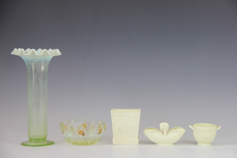 Three pieces of Sowerby Queens Ivory glass, to included a vase with relief Jack & Jill scenes,