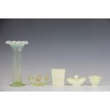 Three pieces of Sowerby Queens Ivory glass, to included a vase with relief Jack & Jill scenes,