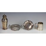 A silver sugar caster, Waker and Hall, Birmingham 1936, a silver two handled mount Mappin and Webb,