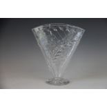 A Webb Corbett clear glass fan shaped vase, with cut leaf detailing, etched mark to base, 24.