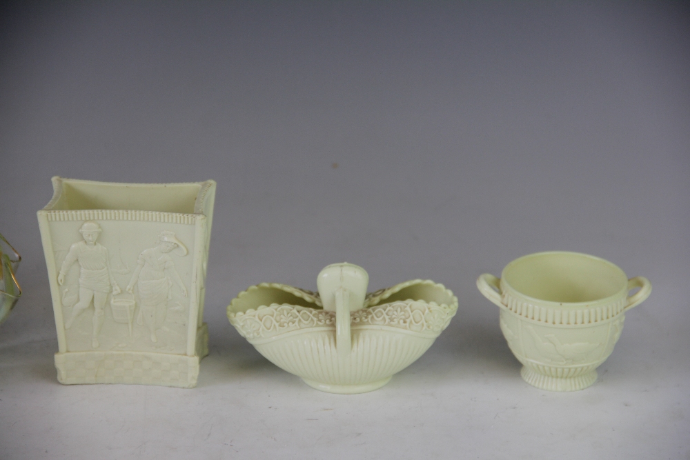 Three pieces of Sowerby Queens Ivory glass, to included a vase with relief Jack & Jill scenes, - Image 2 of 2