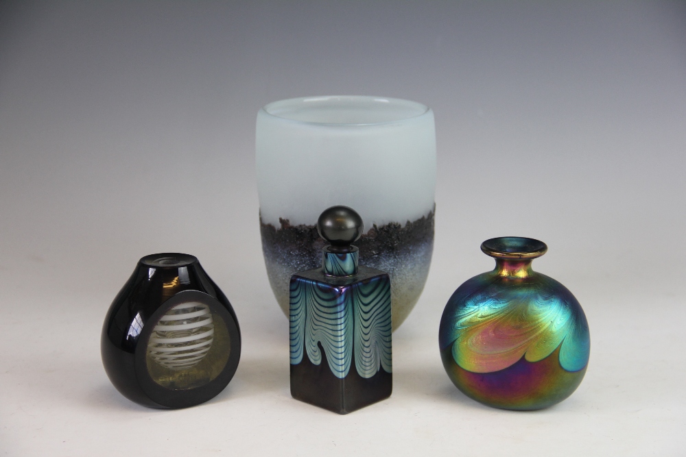 Three pieces of Okra studio glass, comprising a 'Waiting Bottle' No 1 by Richard P Goulding,