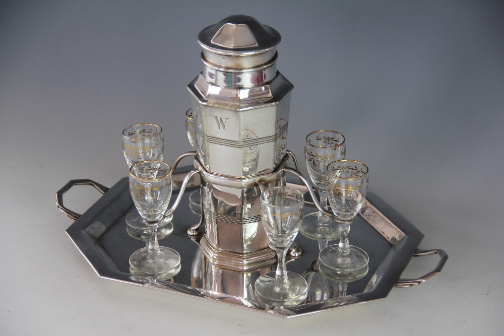 An Art Deco silver plated cocktail shaker and twin handled stand, - Image 2 of 2