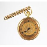 A lady's fob watch, the gilt dial with floral detail and black Roman numerals,