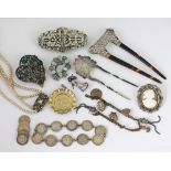 A collection of jewellery and silver to include; a French paste set hair slide,