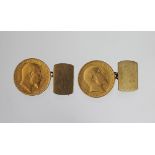 A pair of half sovereign set cuff links, the two gold half sovereigns dated 1908 and 1905,
