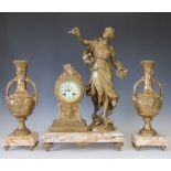 A gilt spelter clock garniture,