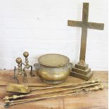 A brass altar cross, with a brass jardiniere,