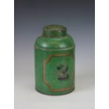 A 19th century toleware tea canister and cover, green with number 2,