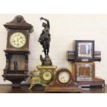 A Victorian bronzed spelter and green marble mantle clock case, (no movement), 63cm,