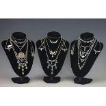 A collection of assorted necklaces, to include; a maracsite and amethyst set bee necklace, amethyst,