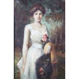 English School, contemporary, oil on canvas, An Edwardian lady wearing a white dress,