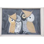 Japanese School A woodblock print depicting two owls 25cm x 36cm indistinctly signed framed and