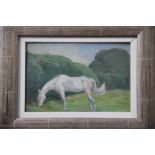 Muriel Elise Crooke (1901-1989) White horse in a meadow oil on board Studio stamp to back 15cm x