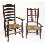 A 19th century ask and oak ladder back chair, with rush seat,