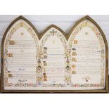 A French illuminated triptych panel, worked with text panels within foliate borders, in brass frame,