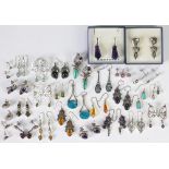 A selection of earrings, pairs to include; amethyst crystals, topaz, garnets, marcasite, cz's,