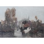 Camille Fonce (b1867), dry point etching, town view with river and cathedral on a hill,