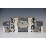 A three piece 1920's Art Deco marble clock garniture, retailed by Pavin Pisson, Nantnes,