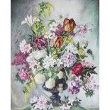 Thomas G Hill, oil on canvas, Still life of flowers in a Doulton water fitter,