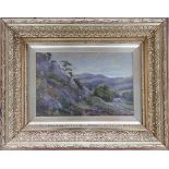 English School - early 20th century, oil on board, mountain landscape with cottage and trees,