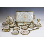 A selection of embroidery inset dressing table wares, 20th century,