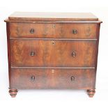 An early 19th century French mahogany chest of three graduated long drawers, on turned legs,