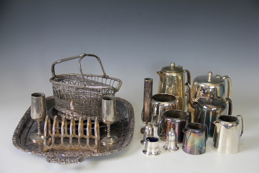 A collection of silver plated wares, to include; a basket wine pourer,