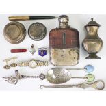 A collection of assorted silver and plate, to include; a silver hip flask James Dixon & Sons Ltd,