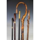 Five walking sticks, comprising two silver mounted examples,