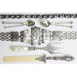 A selection of silver and plated wares, to include; a Victorian page turner, two belts,