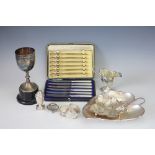 A collection of silver and plated wares, to include two cased sets of silver handled fruit knives,