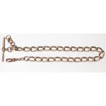 A 9ct yellow gold watch Albert, the uniform curb link chain with attached T bar and swivel clasp,