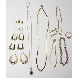 A collection of assorted gold and gold coloured jewellery, to include; a decorative link bracelet,