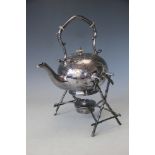 A Victorian silver plated spirit kettle on stand with burner, engraved with fears,