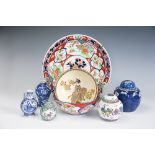 A Japanese Satsuma bowl, 19cm diameter, an Imari bowl and a larger Imari charger,