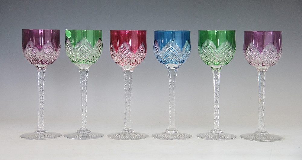 A set of six Bohemian cut glass hock glasses, with coloured bowls, 20cm,
