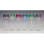 A set of six Bohemian cut glass hock glasses, with coloured bowls, 20cm,