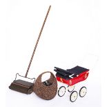 A Lucas Cadet bicycle lamp, a similar bicycle lamp, a childs dolls pram,