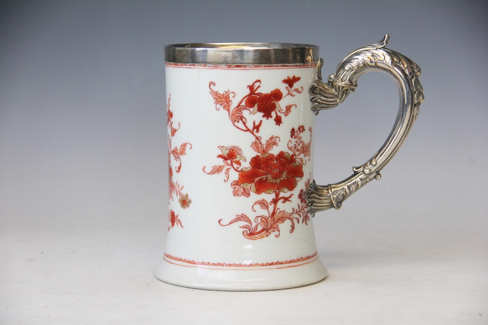 A large Chinese porcelain mug later silver mounted, probably Thomas Wallis, London 1785,